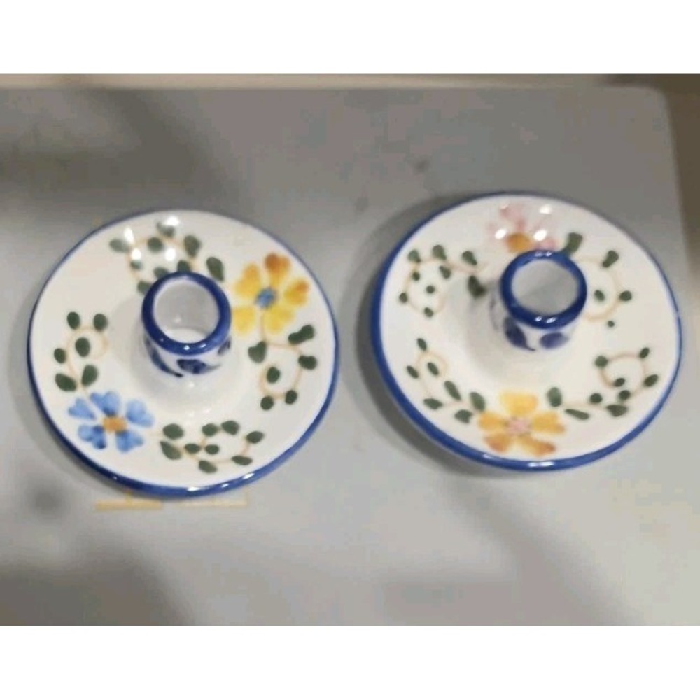 VTG Spanish Glazed Pottery Candle Holders Pair Hand Painted Floral Cuenca Spain - Picture 8 of 9